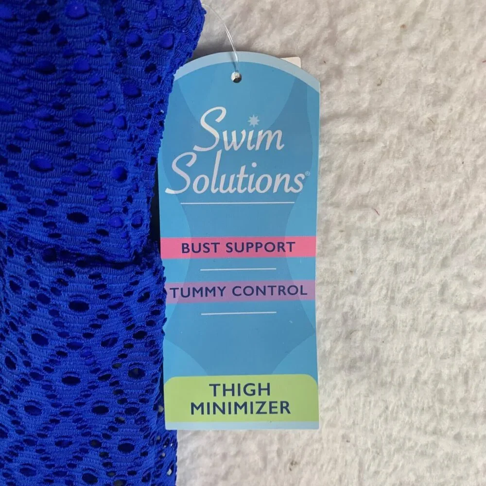 Swim Solutions Womens Blue Crochet Bow Front Tummy Control Swim Dress Size 8 NWT - Picture 4 of 10